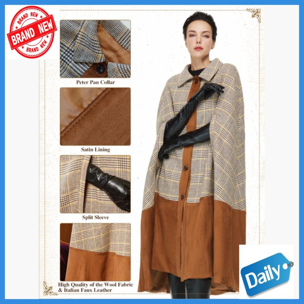 Wool Blend Cape Coat with Leather Patchwork, Midi… - image 5